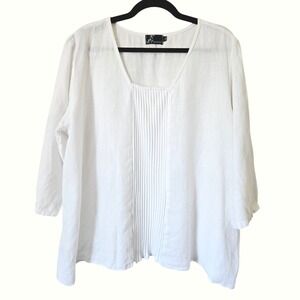 Fenini White 100% Linen Pleated Tunic Top‎ Womens XL  Art To Wear Lagenlook